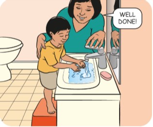 Mother helping his kid to wash his hands. 