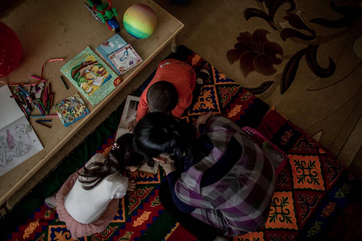 Family reading together.