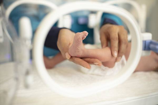 Premature birth, hands holding baby feets