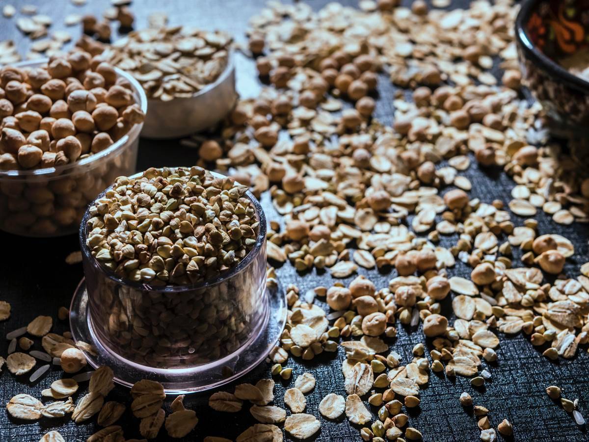 containers filled with different whole grain items