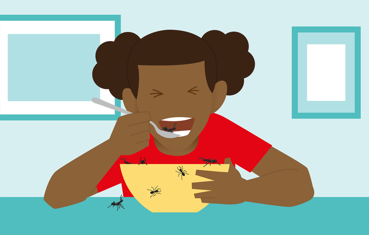 cartoon girl eating ants as cereal 