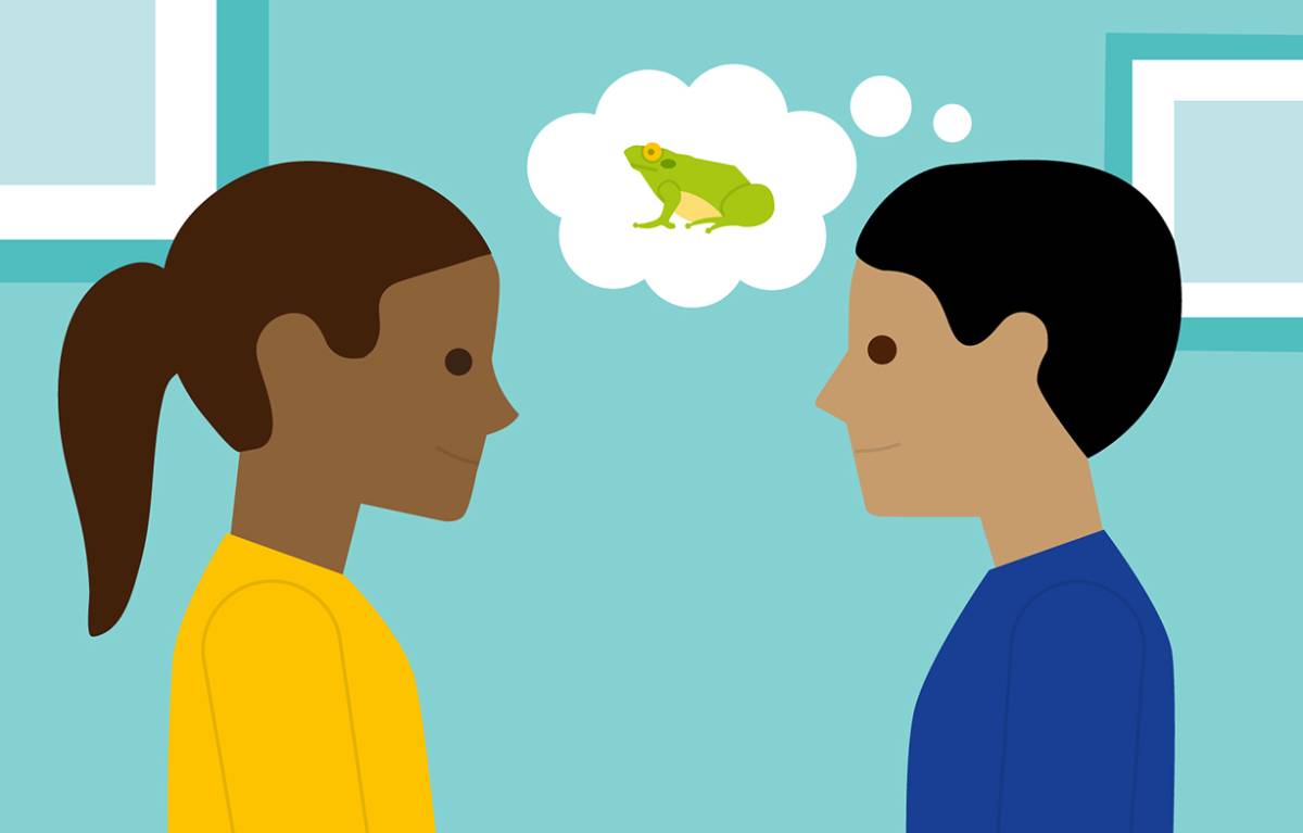 cartoon children thinking about a frog