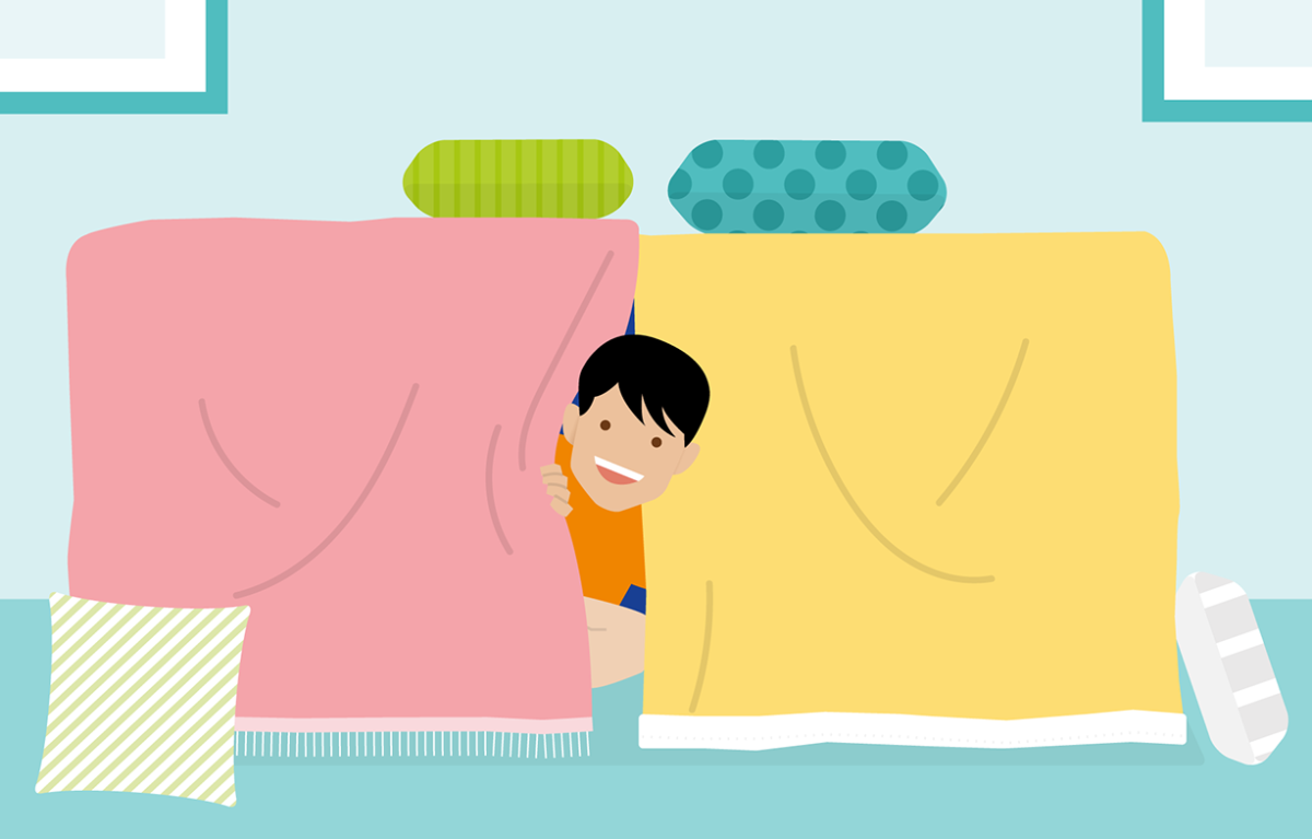 cartoon boy looking out under a blanket den