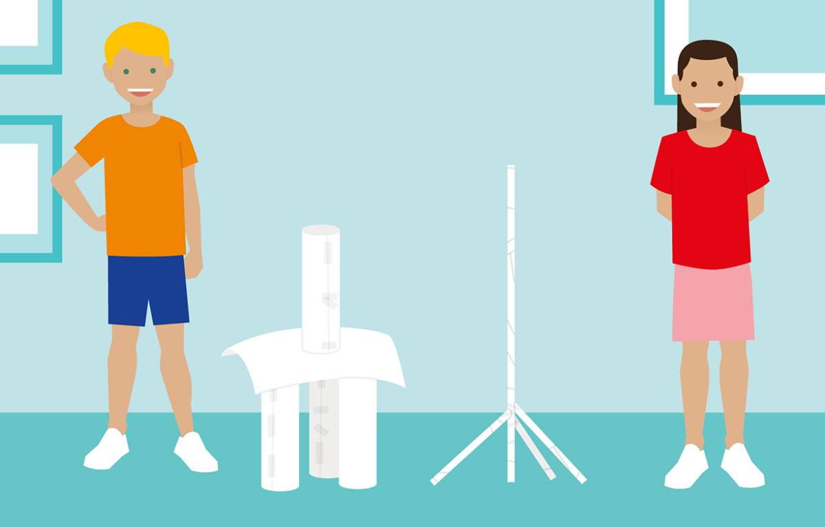 cartoon children standing proud next to their paper tower