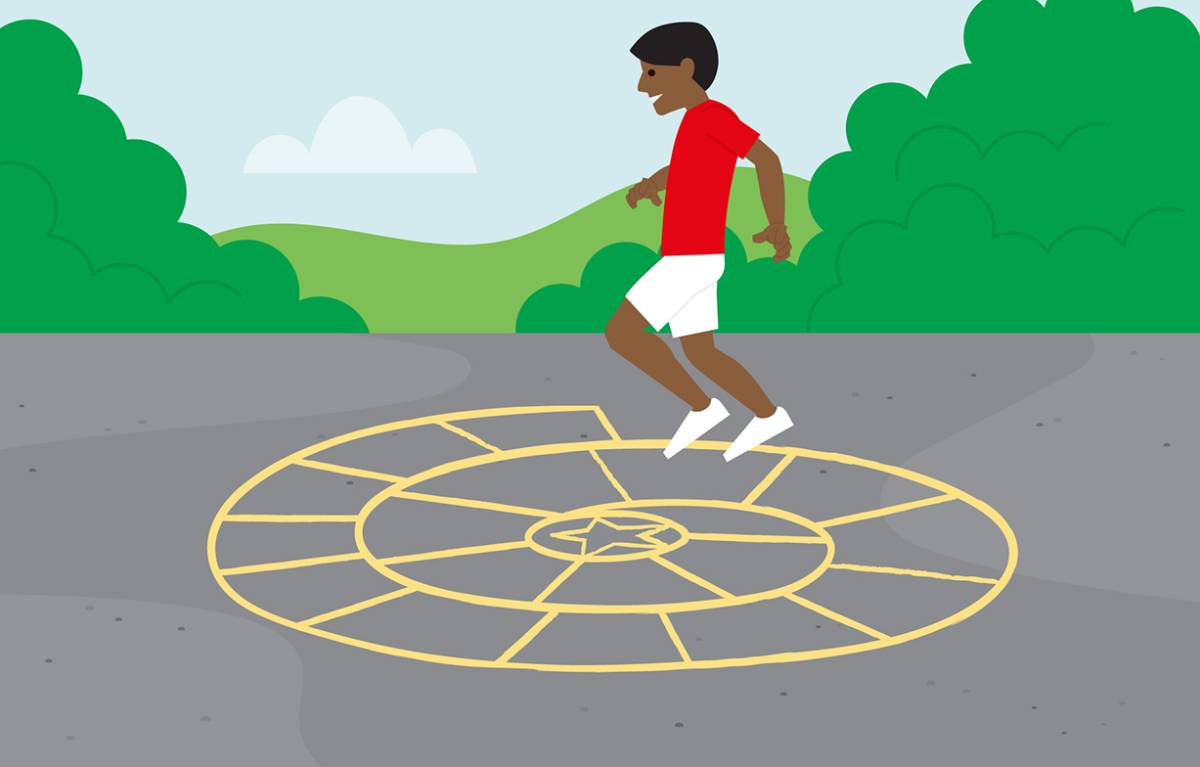 cartoon boy jumping on shape drawn onto the ground