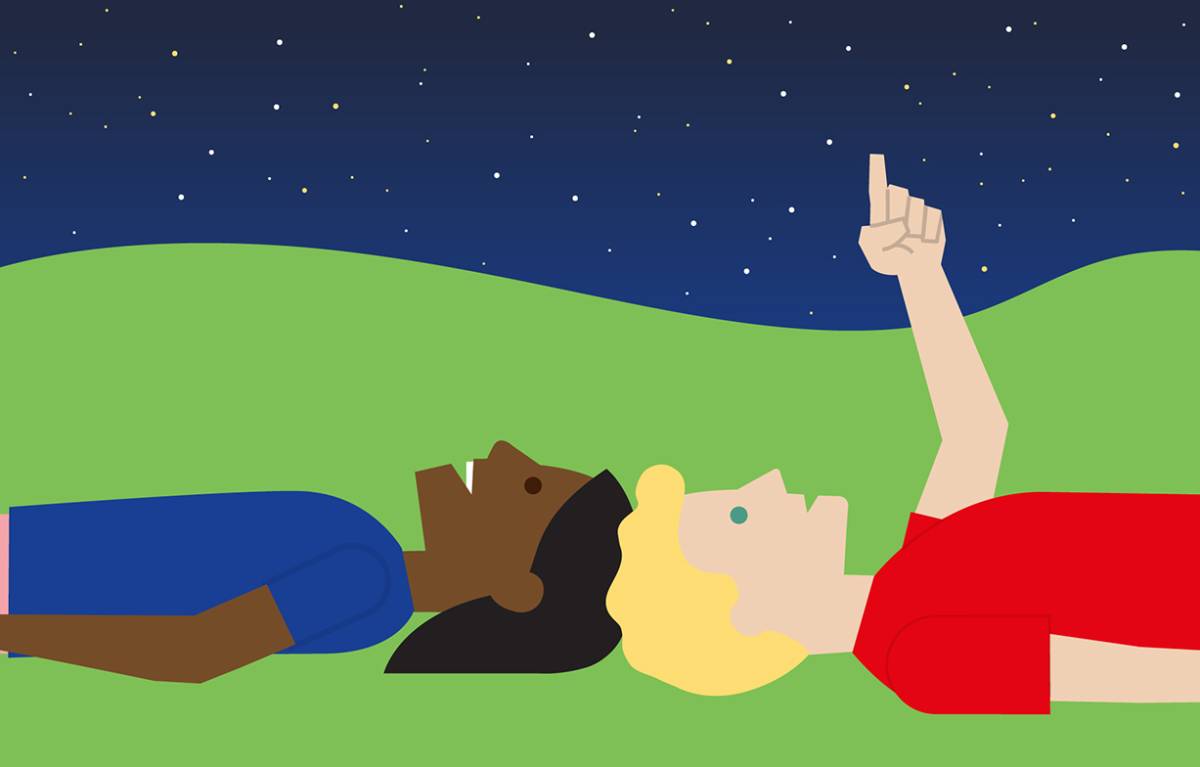 cartoon children laying on the ground and looking at the starry night.