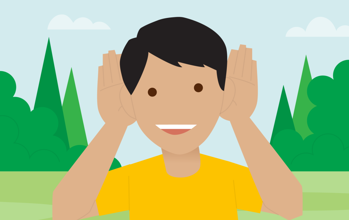 cartoon boy holding hands behind ears to hear better