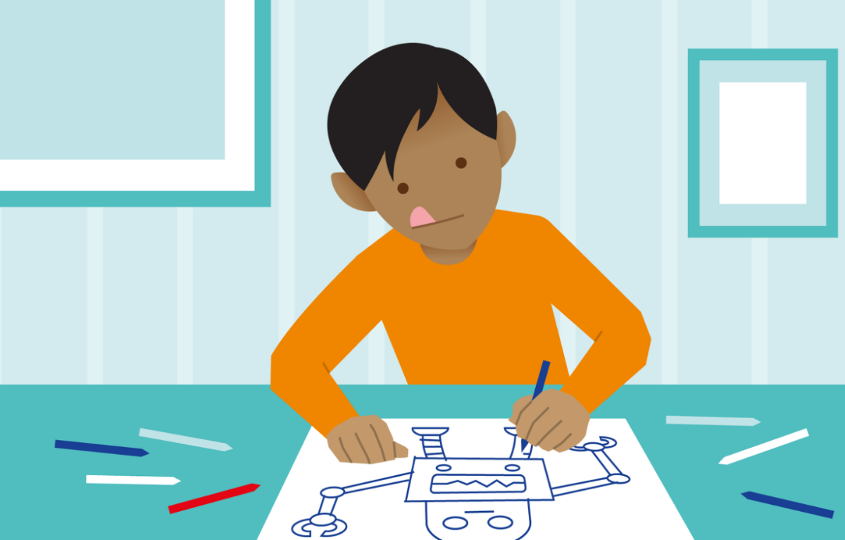 cartoon boy designing a toy 