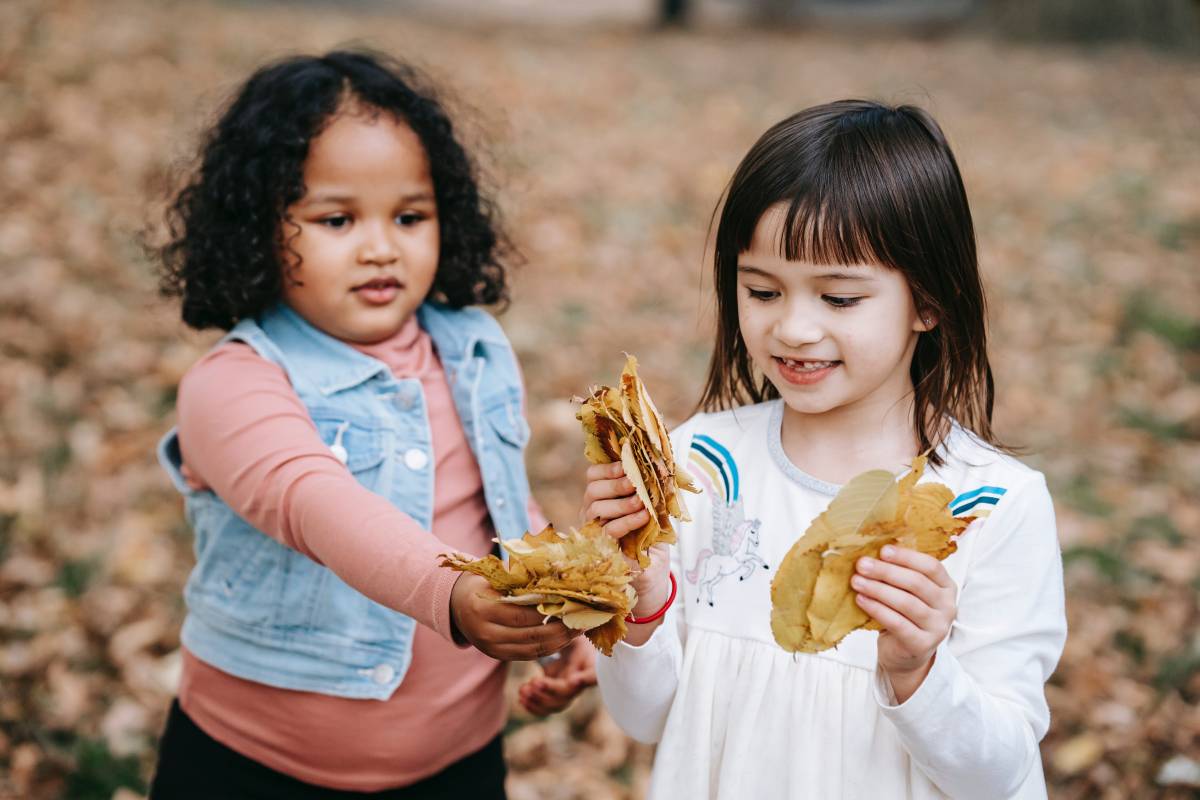 two girls collecting leaves in a forest 