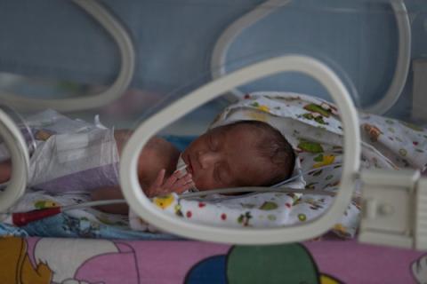 A premature baby lies in an incubator, at the Republican maternity ward (Armenia).