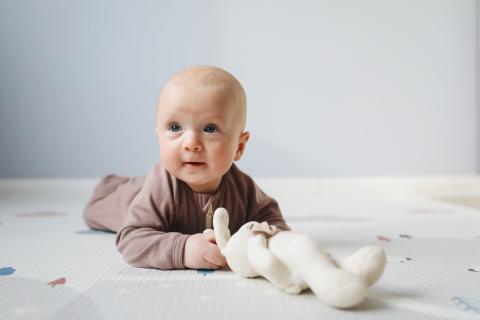 A baby lying on her/his chest and carrying a toy