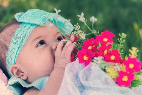 A child smelling flowers
