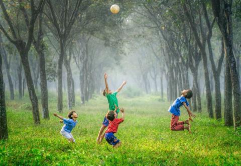 Children playing with the ball outside all together