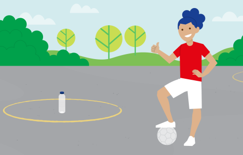 cartoon girl kicking a ball at a bottle