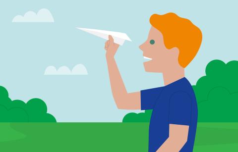 cartoon boy flying paper airplain