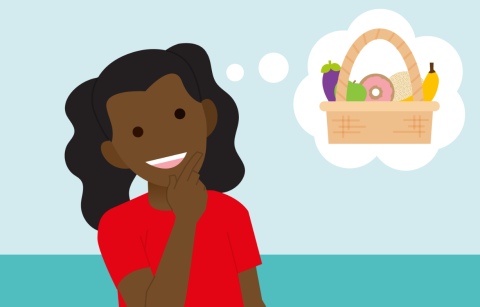 cartoon girl thinks of a filled basket