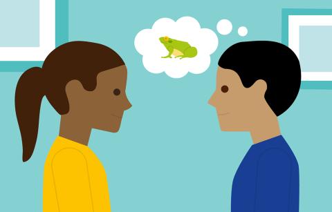 cartoon children thinking about a frog