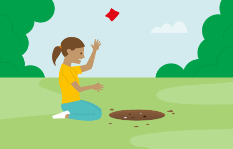 girl kneeling on the ground playing the game Pedrina