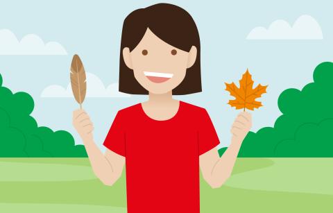 cartoon girl holding two leaves
