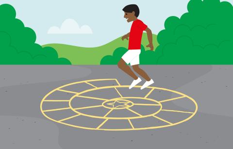 cartoon boy jumping on shape drawn onto the ground