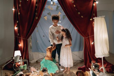Boy, girl and dog performing a home-theater